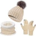 thumbnail image 1 of Xfvqtps Womens 3PCS Beanie Mitten Scarf Three Piece Set Pompom Knitted Fleece Lined Solid Color Simplicity Stretch Windproof Coldproof Warm Thickened Ski Fall Winter Hat Glove Scarf Set Beige, 1 of 2