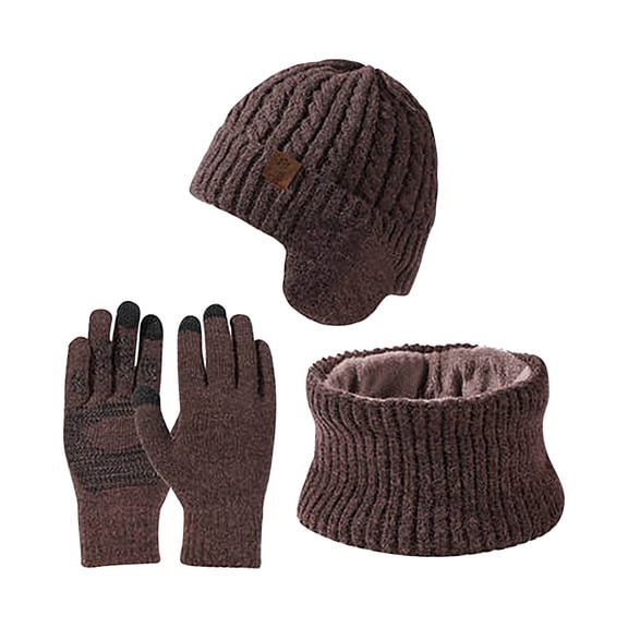 Xfvqtps Womens 3PCS Skull Cap Mitten Scarf Three Piece Set with Ear Flap Knitted Fleece Lined Solid Color Stretch Windproof Coldproof Warm Thickened Ski Fall Winter Hat Glove Scarf Set Coffee