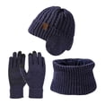 thumbnail image 1 of Xfvqtps Womens 3PCS Skull Cap Mitten Scarf Three Piece Set with Ear Flap Knitted Fleece Lined Solid Color Stretch Windproof Coldproof Warm Thickened Ski Fall Winter Hat Glove Scarf Set Navy, 1 of 4