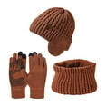 thumbnail image 1 of Xfvqtps Womens 3PCS Skull Cap Mitten Scarf Three Piece Set with Ear Flap Knitted Fleece Lined Solid Color Stretch Windproof Coldproof Warm Thickened Ski Fall Winter Hat Glove Scarf Set Brown, 1 of 4