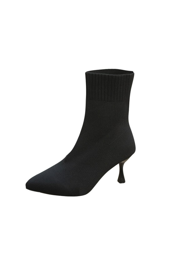 Womens Ankle Booties Knit Boots Pointed Toe Mid Heel Winter Slip on Stretchy Sock Boots for Women Fashion Casual Outdoor Black