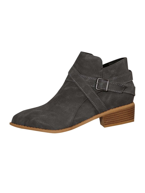 Womens Ankle Booties Pointed Toe Block Heel with Side Zipper Buckle Strap Fashion Casual Winter Boots for Women Gray