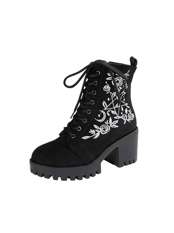 Womens Ankle Boots Embroidered Western Fashion Chunky Heel Booties with Side Zipper Boho Casual Lace up Mid Heel Boots for Women Black