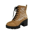 thumbnail image 1 of Xfvqtps Womens Ankle Boots Embroidered Western Fashion Chunky Heel Booties with Side Zipper Boho Casual Lace up Mid Heel Boots for Women Khaki, 1 of 9