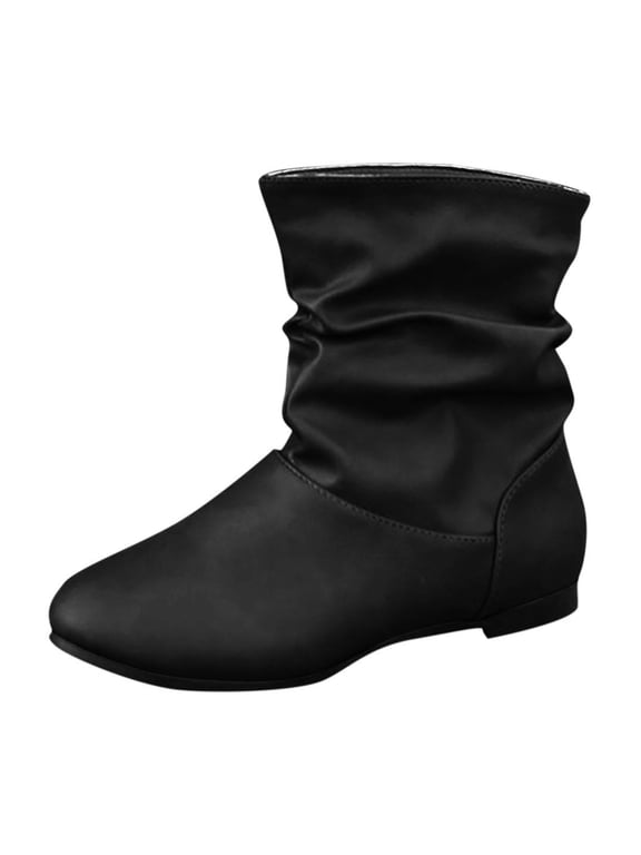 Womens Ankle Boots Fashion Slip on Low Heel Slouchy Booties for Women Casual Round Toe Leather Boots Comfortable Indoor Outdoor Fall Winter Shoes Black