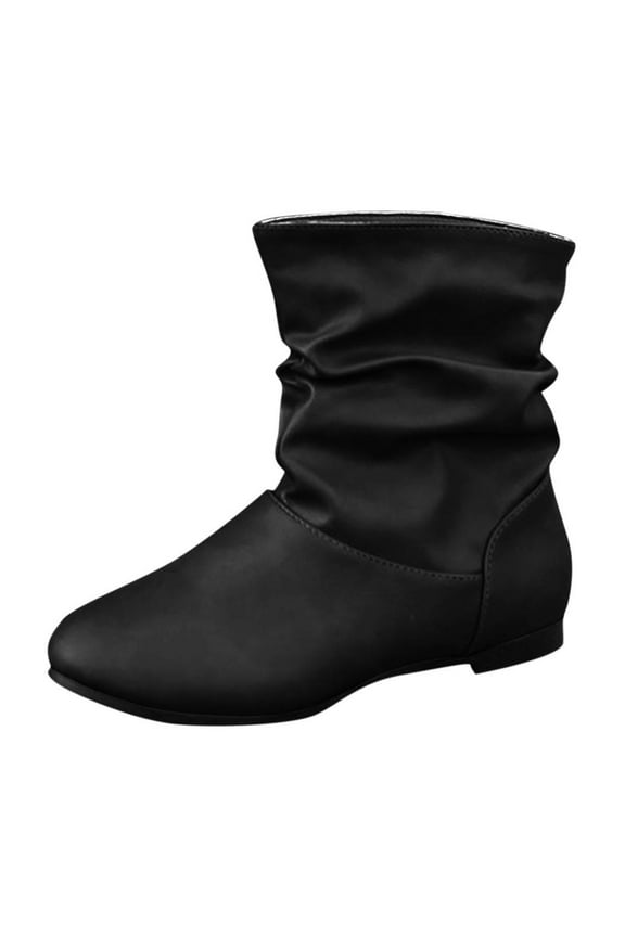 Womens Ankle Boots Fashion Slip on Low Heel Slouchy Booties for Women Casual Round Toe Leather Boots Comfortable Indoor Outdoor Fall Winter Shoes Black