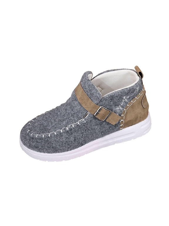 Womens Ankle Boots Flat Shoes Winter Warm Comfortable Slip on Buckle Detail Casual Outdoor Cold Weather Gray