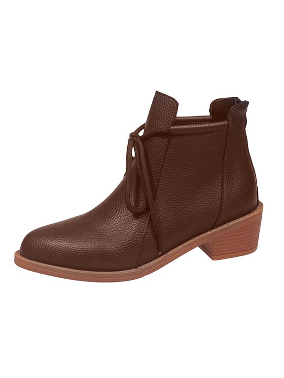 Womens Ankle Boots Pointed Toe Block Low Heel Front Tie Knot Leather Booties