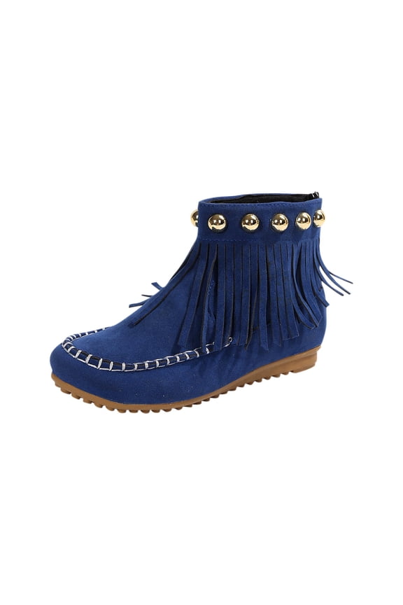 Womens Ankle Boots Slip on Flat Suede Booties with Tassel Fringe Detail Comfortable Round Toe Winter Fashion Casual Boho Boots Blue