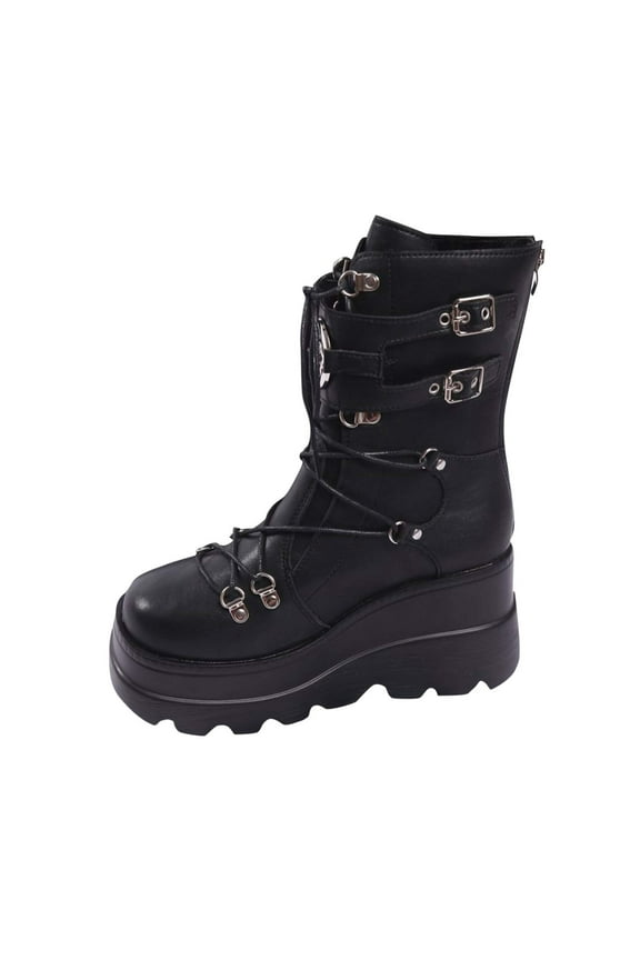 Womens Ankle Boots Winter Fashion Metal Buckle Chunky Flatform Boots with Thick Sole Gothic Street Style Boots for Casual Wear Black