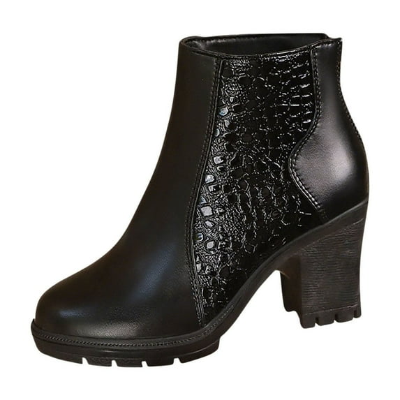 Xfvqtps Womens Ankle Boots with Embossed Pattern Back Zipper Chunky Block Heel Booties Elastic Side for Comfortable Winter Wear Black