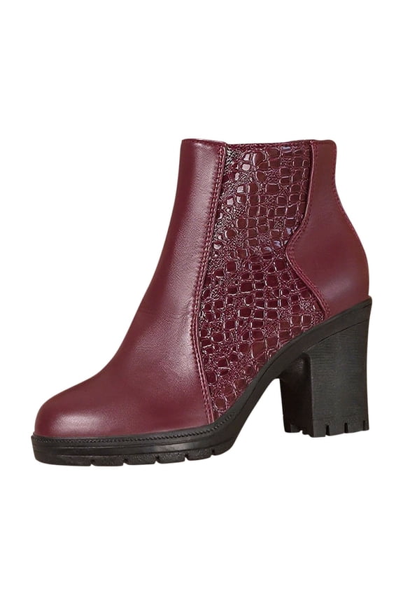 Womens Ankle Boots with Embossed Pattern Back Zipper Chunky Block Heel Booties Elastic Side for Comfortable Winter Wear Wine