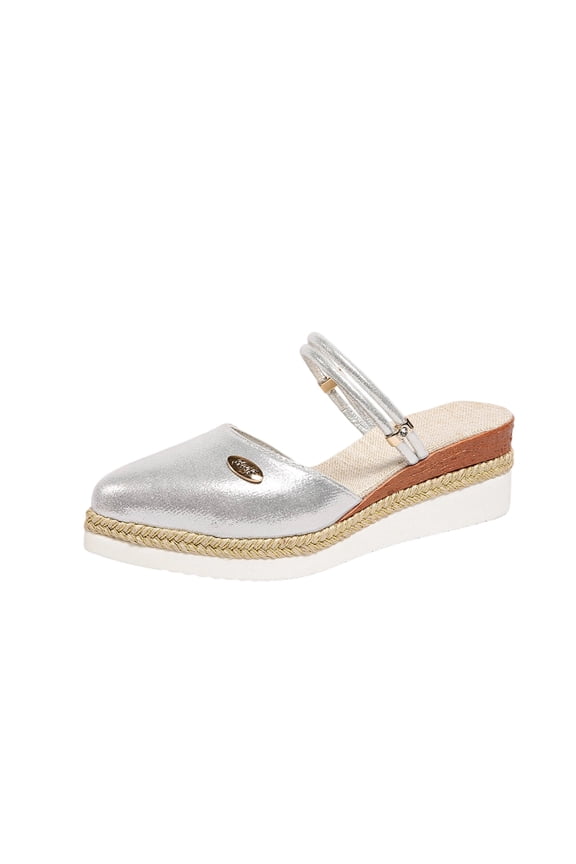 Womens Ankle Strap Mule Sandals Slip on with Woven Wedge Heel Two Way Wear Pointy Toe Casual Summer Shoes Metallic Shine Upper