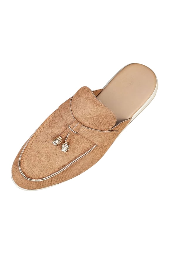 Womens Backless Mule Loafers Flat Shoes Metal Accent Faux Suede Comfortable Slip on Casual Versatile Everyday Wear Brown