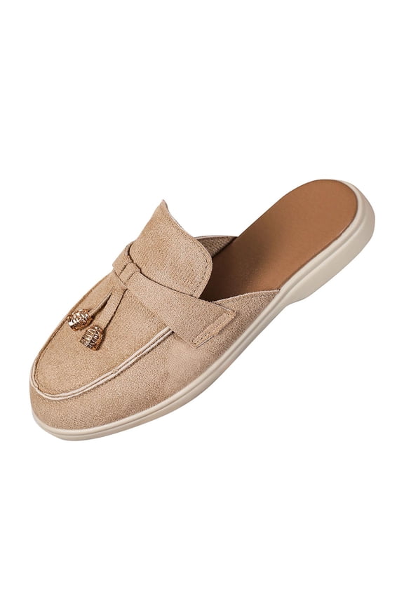 Womens Backless Mule Loafers Flat Shoes Metal Accent Faux Suede Comfortable Slip on Casual Versatile Everyday Wear Khaki