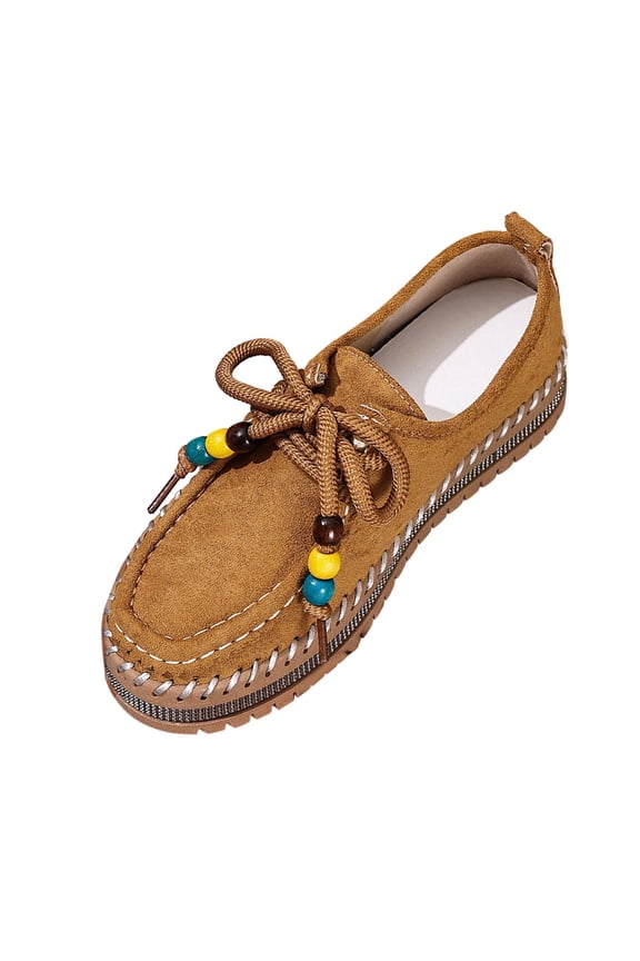 Womens Beaded Lace up Flats Suede Upper Chunky Sole Bohemian Style Casual Shoes for Fall and Summer Brown