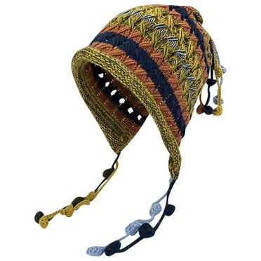 Xfvqtps Womens Beanie Colorful Crochet Tassel Ear Flaps Multicolored Striped Ear Protection Retro Bohemian Style Fall Winter Skull Cap Army Green