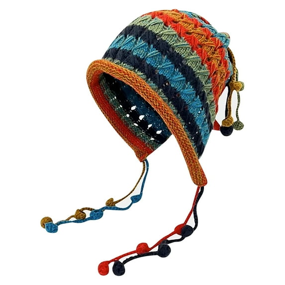 Xfvqtps Womens Beanie Colorful Crochet Tassel Ear Flaps Multicolored Striped Ear Protection Retro Bohemian Style Fall Winter Skull Cap Blue