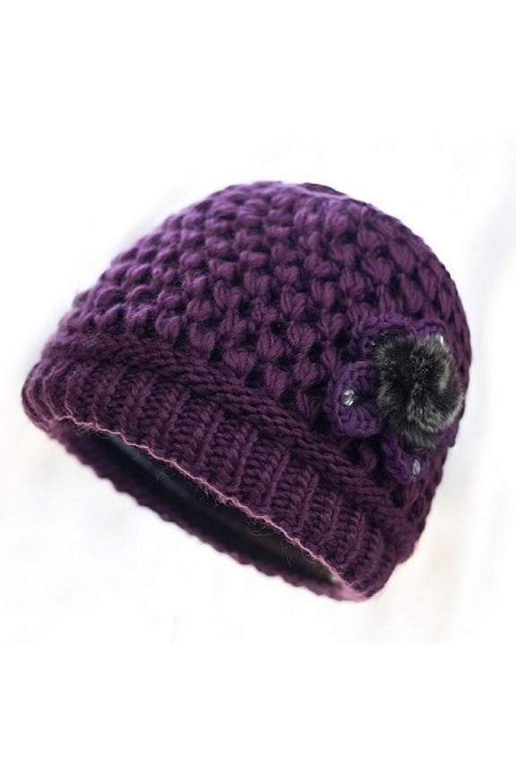 Womens Beanie Crochet Flower Rhinestone Fleece Lining Middle-Aged Women Hat Thickened Windproof Coldproof Warm Winter Hat Purple