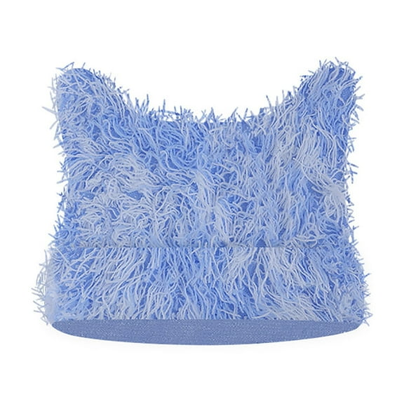 Xfvqtps Womens Beanie Cute Cat Ear Knitted Crochet Distressed Windproof Coldproof Warm Fall Winter Soft Skull Cap Blue