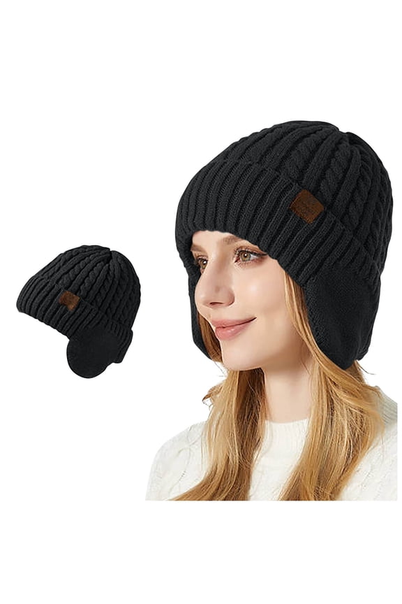 Womens Beanie with Ear Flap Knitted Cuffed Solid Color Simplicity Stretch Windproof Coldproof Warm Thickened Ski Fall Winter Soft Skull Cap Black