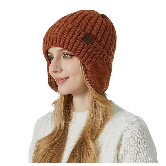 Xfvqtps Womens Beanie with Ear Flap Knitted Cuffed Solid Color Simplicity Stretch Windproof Coldproof Warm Thickened Ski Fall Winter Soft Skull Cap Brown