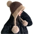 thumbnail image 1 of Xfvqtps Womens Beanie with Ear Flap Plush Brim Pompom Strap Color Blocking Cute Kawaii Fluffy Fuzzy Windproof Coldproof Warm Outdoor Winter Fluffy Plush Hat Coffee, 1 of 3