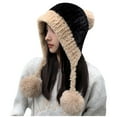 thumbnail image 1 of Xfvqtps Womens Beanie with Ear Flap Plush Brim Pompom Strap Color Blocking Cute Kawaii Fluffy Fuzzy Windproof Coldproof Warm Outdoor Winter Fluffy Plush Hat Black, 1 of 4