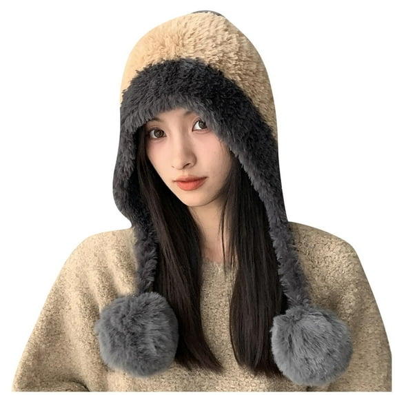 Xfvqtps Womens Beanie with Ear Flap Plush Brim Pompom Strap Color Blocking Cute Kawaii Fluffy Fuzzy Windproof Coldproof Warm Outdoor Winter Fluffy Plush Hat Khaki