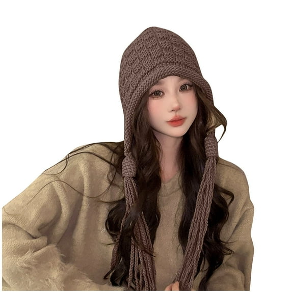 Xfvqtps Womens Beanie with Ear Flaps Tassel Earlobes Knit Solid Color Thick Stretch Coldproof Outdoor Warm Versatile Fall Winter Soft Skull Cap Coffee