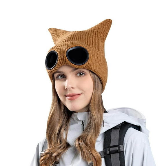 Xfvqtps Womens Beanie with Glasses Cute Cat Ear Knitted Crochet Solid Color Thickened Stretch Windproof Coldproof Skiing Outdoor Warm Winter Hat Coffee