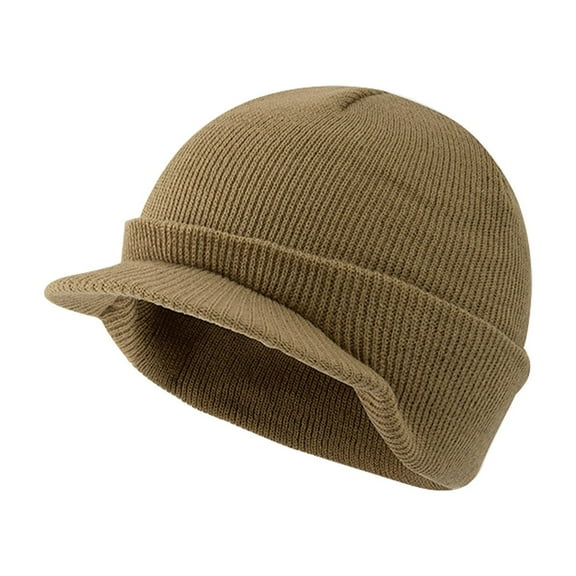 Xfvqtps Womens Beanie Hat with Brim Dome Knitted Cuffed Stretchy Solid Color Simplicity Windproof Coldproof Warm Winter Skull Caps Khaki