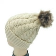 thumbnail image 1 of Xfvqtps Womens Beanie Knit Crochet Cuffed Fuzzy Pompom Solid Color Ribbed Chunky Stretch Windproof Coldproof Warm Outdoor Versatile Thickened Soft Fall Winter Skull Cap Beige, 1 of 3