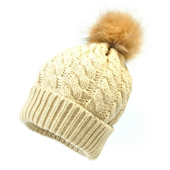 Xfvqtps Womens Beanie Knit Crochet Cuffed Fuzzy Pompom Solid Color Ribbed Chunky Stretch Windproof Coldproof Warm Outdoor Versatile Thickened Soft Fall Winter Skull Cap Beige