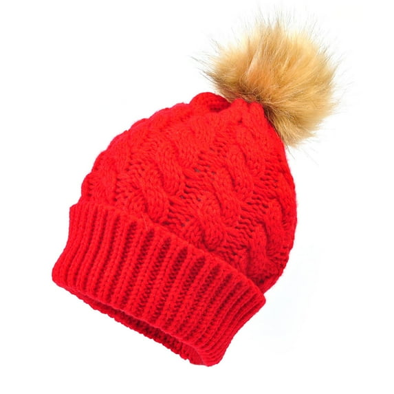 Xfvqtps Womens Beanie Knit Crochet Cuffed Fuzzy Pompom Solid Color Ribbed Chunky Stretch Windproof Coldproof Warm Outdoor Versatile Thickened Soft Fall Winter Skull Cap Red
