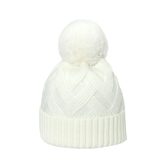Xfvqtps Womens Beanie Knit Crochet Fuzzy Pompom Solid Color Cuffed Stretch Windproof Coldproof Warm Outdoor Versatile Thickened Soft Fall Winter Skull Cap White