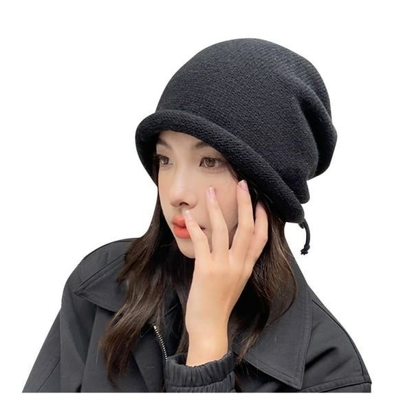 Xfvqtps Womens Beanie Knit Cuffed Solid Color Fashion Stretch Adjustable Drawstring Thick Windproof Coldproof Warm Outdoor Fall Winter Soft Skull Cap Black