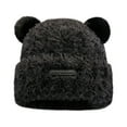 thumbnail image 1 of Xfvqtps Womens Beanie Knit Fuzzy Cuffed Cute Bear Ear Fashion Leather Label Windproof Coldproof Warm Outdoor Thickened Fall Winter Fluffy Plush Hat Black, 1 of 3