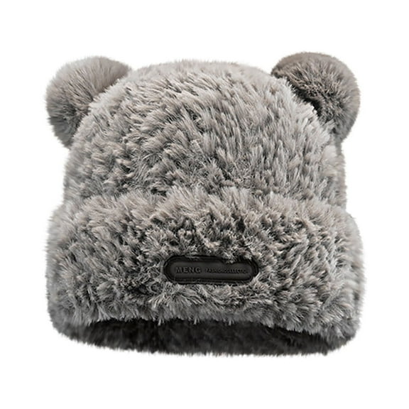 Xfvqtps Womens Beanie Knit Fuzzy Cuffed Cute Bear Ear Fashion Leather Label Windproof Coldproof Warm Outdoor Thickened Fall Winter Fluffy Plush Hat Gray