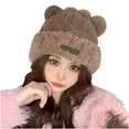 thumbnail image 1 of Xfvqtps Womens Beanie Knit Fuzzy Cuffed Cute Bear Ear Fashion Leather Label Windproof Coldproof Warm Outdoor Thickened Fall Winter Fluffy Plush Hat Khaki, 1 of 3