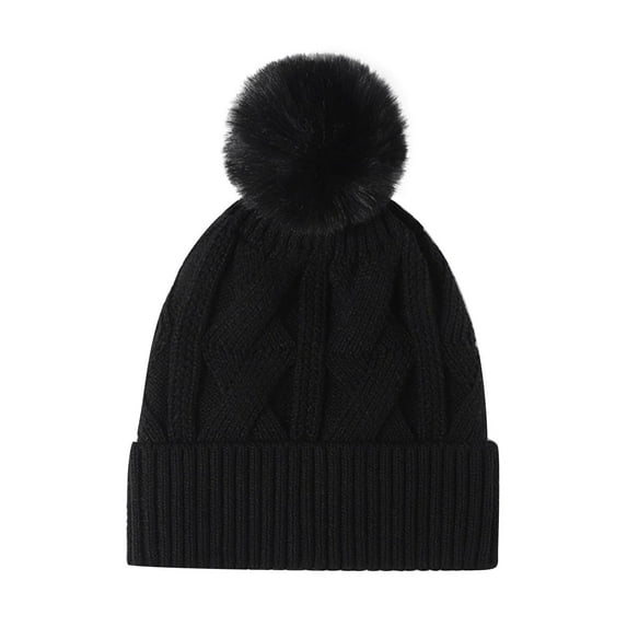 Xfvqtps Womens Beanie Knit Solid Color Ribbed Pattern Cute Plush Pompom Simplicity Stretch Fashion Versatile Warm Soft Skiing Fall Winter Skull Cap Black