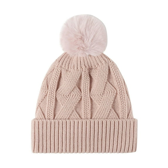 Xfvqtps Womens Beanie Knit Solid Color Ribbed Pattern Cute Plush Pompom Simplicity Stretch Fashion Versatile Warm Soft Skiing Fall Winter Skull Cap Pink