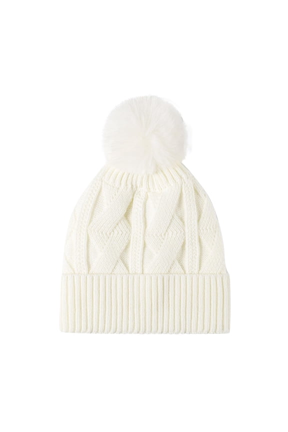 Womens Beanie Knit Solid Color Ribbed Pattern Cute Plush Pompom Simplicity Stretch Fashion Versatile Warm Soft Skiing Fall Winter Skull Cap White