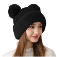 thumbnail image 1 of Xfvqtps Womens Beanie Knitted Plush Cartoon Ear Cute Kawaii Plush Brim Pompom Fluffy Fuzzy Windproof Coldproof Warm Outdoor Winter Skull Cap Black, 1 of 5