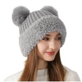 thumbnail image 1 of Xfvqtps Womens Beanie Knitted Plush Cartoon Ear Cute Kawaii Plush Brim Pompom Fluffy Fuzzy Windproof Coldproof Warm Outdoor Winter Skull Cap Gray, 1 of 5