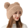 thumbnail image 1 of Xfvqtps Womens Beanie Knitted Plush Cartoon Ear Cute Kawaii Plush Brim Pompom Fluffy Fuzzy Windproof Coldproof Warm Outdoor Winter Skull Cap Khaki, 1 of 5
