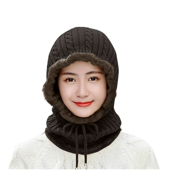 Xfvqtps Womens Beanie Neck Circle Scarf One-Piece Knitting Plush Lining Adjustable Drawstring Stretchy Thickened Windproof Coldproof Warm Winter Head Cover Coffee