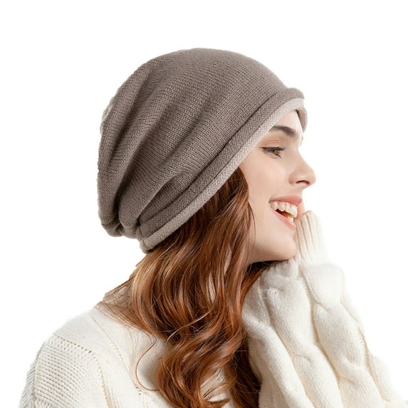 Xfvqtps Womens Beanie Slouchy Knit Cuffed Solid Color Stretch Soft Thick Windproof Coldproof Warm Outdoor Fall Winter Skull Cap Khaki