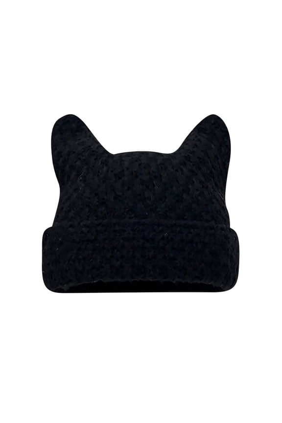 Womens Beanie Y2K Cute Cat Ear Devil Horn Knitted Crochet Stripe Cuffed Windproof Coldproof Warm Fall Winter Soft Skull Cap Black