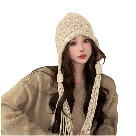 Xfvqtps Womens Beanie with Ear Flaps Tassel Earlobes Knit Solid Color Thick Stretch Coldproof Outdoor Warm Versatile Fall Winter Soft Skull Cap Beige